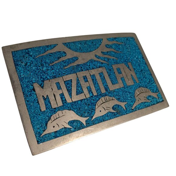 Vintage 70's Mexico Mazatlan Blue Inlay Belt Buckle With Marlin Fish Design - Picture 2 of 5